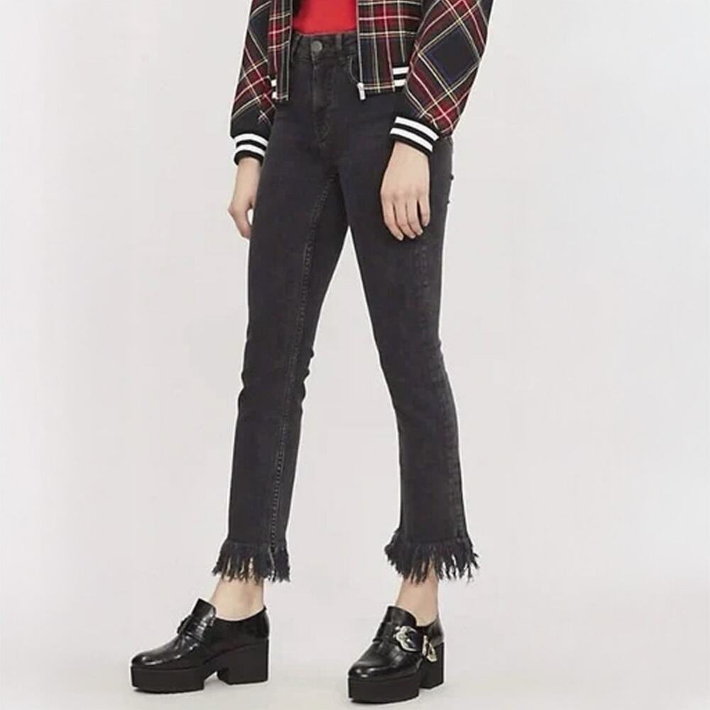 Maje Panako Frayed Hem High Rise Slim Leg Jeans in Black Size FR 36